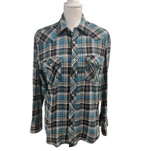 Wrangler Wrancher Pearl Snap Cowboy Western Flannel Rodeo Blue Plaid Women's M